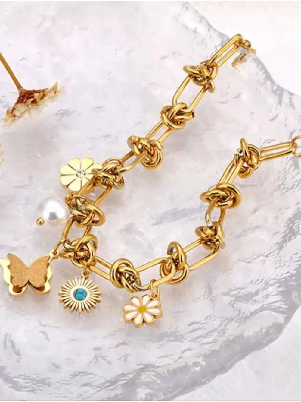 Gold Charm Link Bracelet with Butterfly, Daisy & Pearl Charms | Stainless